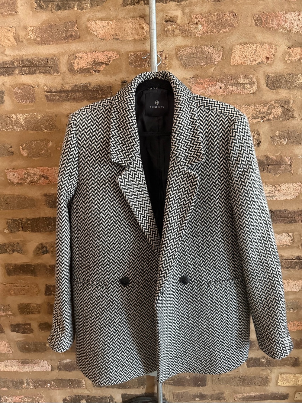 Anine Bing Black & White Herringbone Wool Blend Blazer